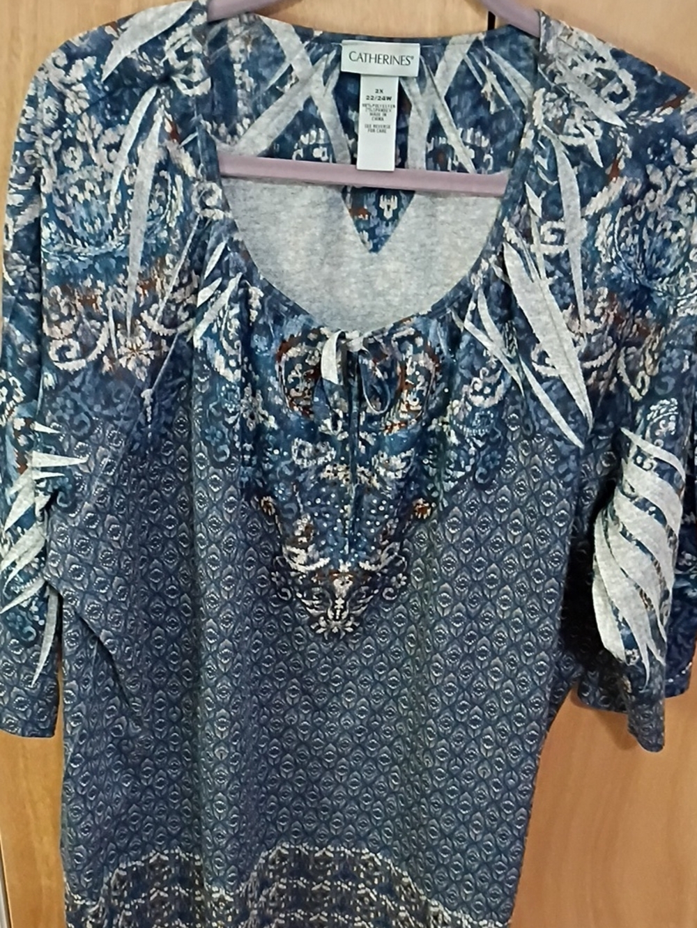 Catherines Blue & White Printed Scoop-Neck Tunic with Tie Front